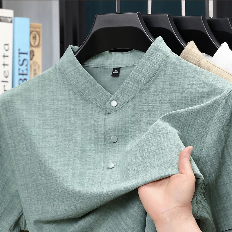 여름 스탠드 칼라 하프 버튼 남성 셔츠 가벼운 텍스타일 - Home Textile 리뷰 및 가격