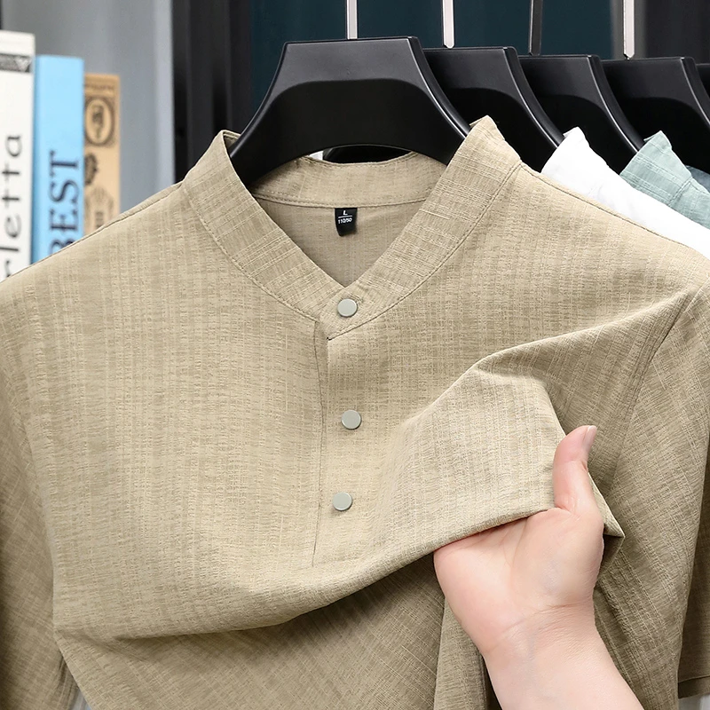 여름 스탠드 칼라 하프 버튼 남성 셔츠 가벼운 텍스타일 - Home Textile 리뷰 및 가격