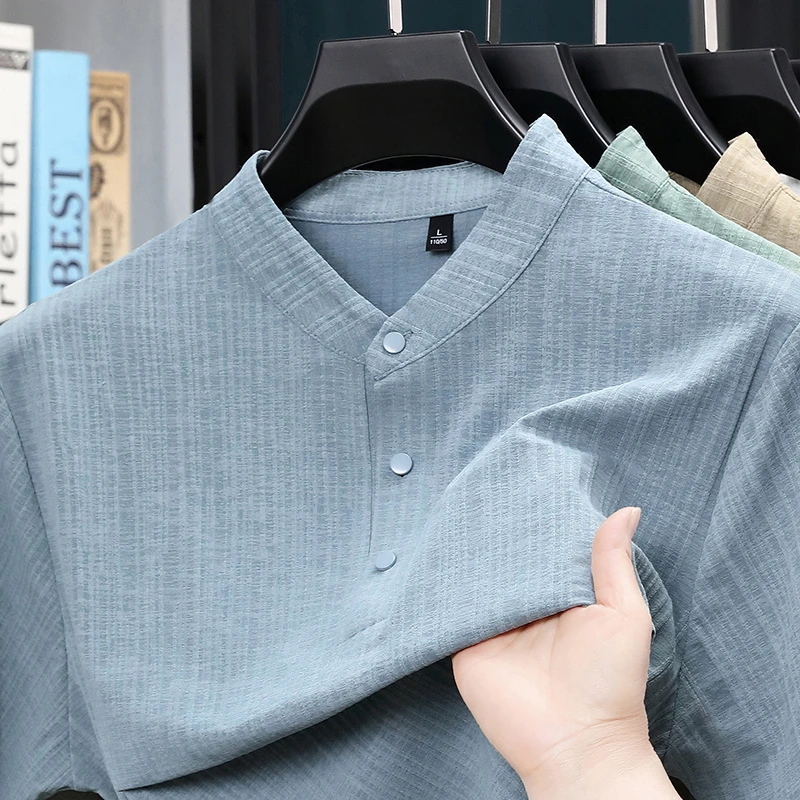 여름 스탠드 칼라 하프 버튼 남성 셔츠 가벼운 텍스타일 - Home Textile 리뷰 및 가격