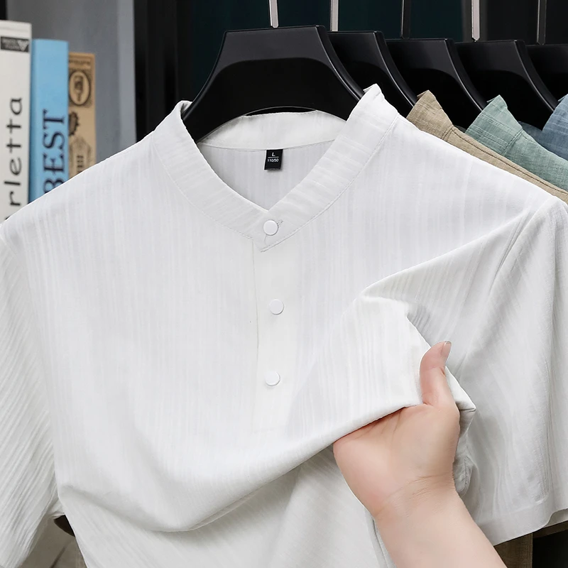여름 스탠드 칼라 하프 버튼 남성 셔츠 가벼운 텍스타일 - Home Textile 리뷰 및 가격